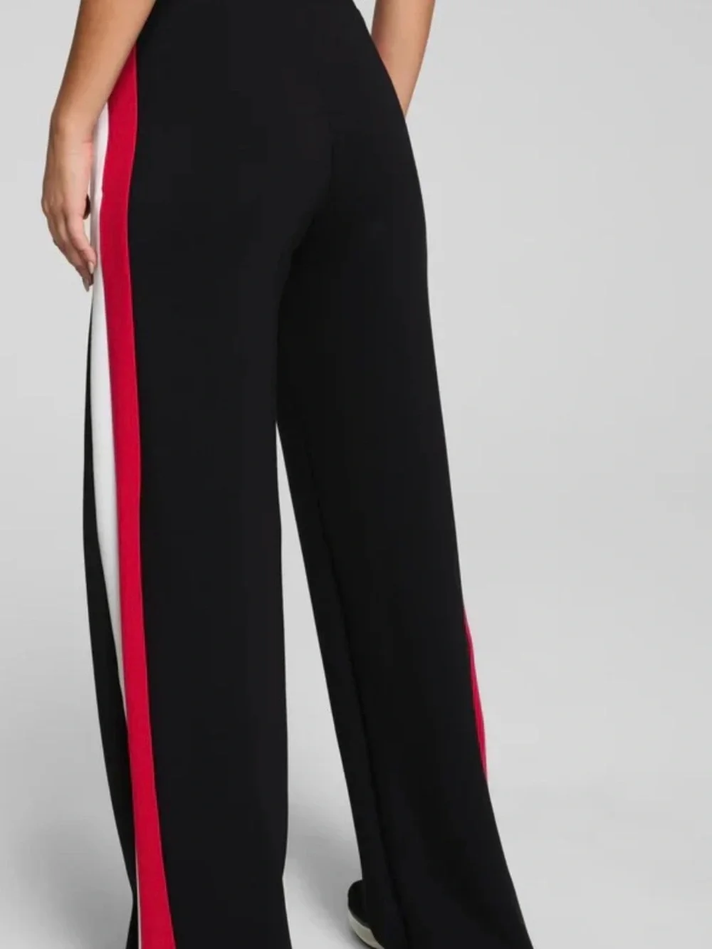 SPANX AirEssentials Black Wide-Leg Pants with Red and White Side Stripes - Picture 2 of 8